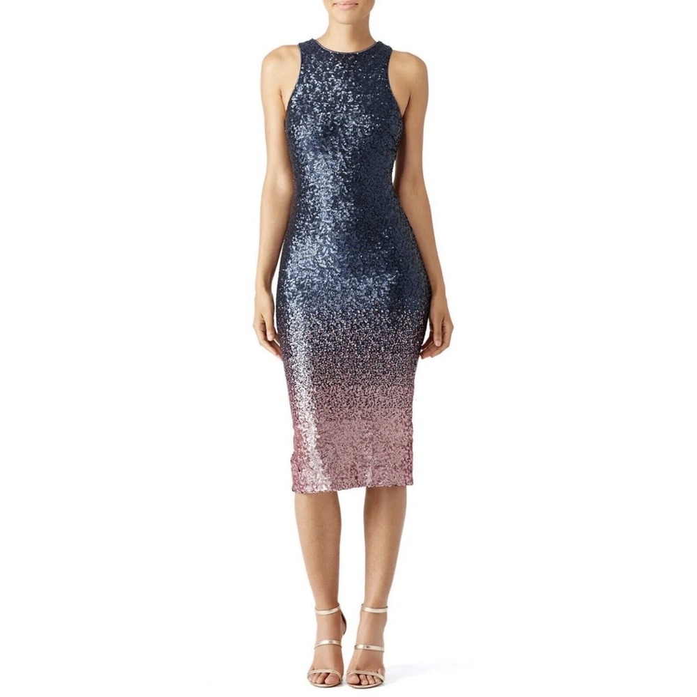 Dress the Population Shawn‎ Midi Dress Size Small Navy Pink Sequin Ombre Vegas
